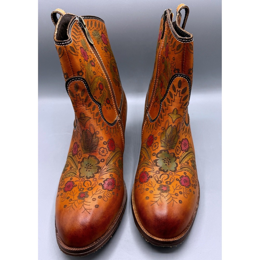 L'Artiste Spring Step Galop-CA Tan Leather Floral Western Ankle Boots Womens 41 - Picture 3 of 16